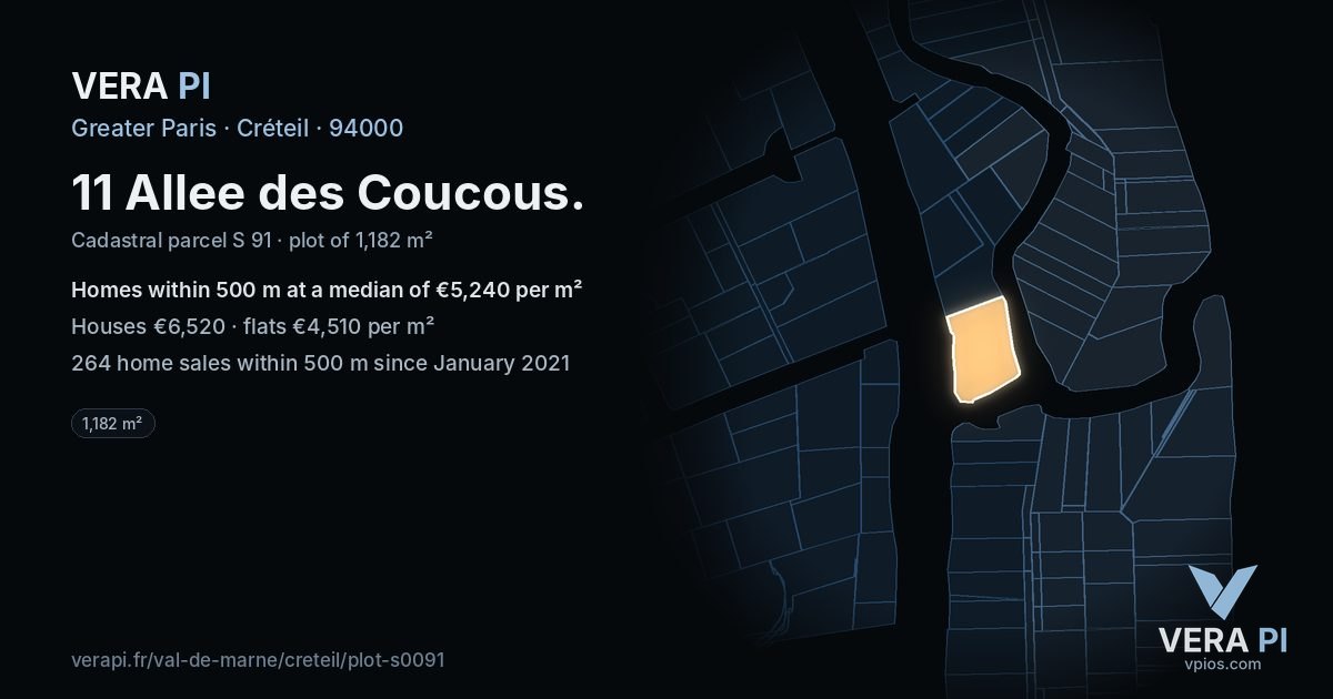 11 Allee des Coucous, Créteil at night – the plot lit, the parcels around coloured by the prices near them