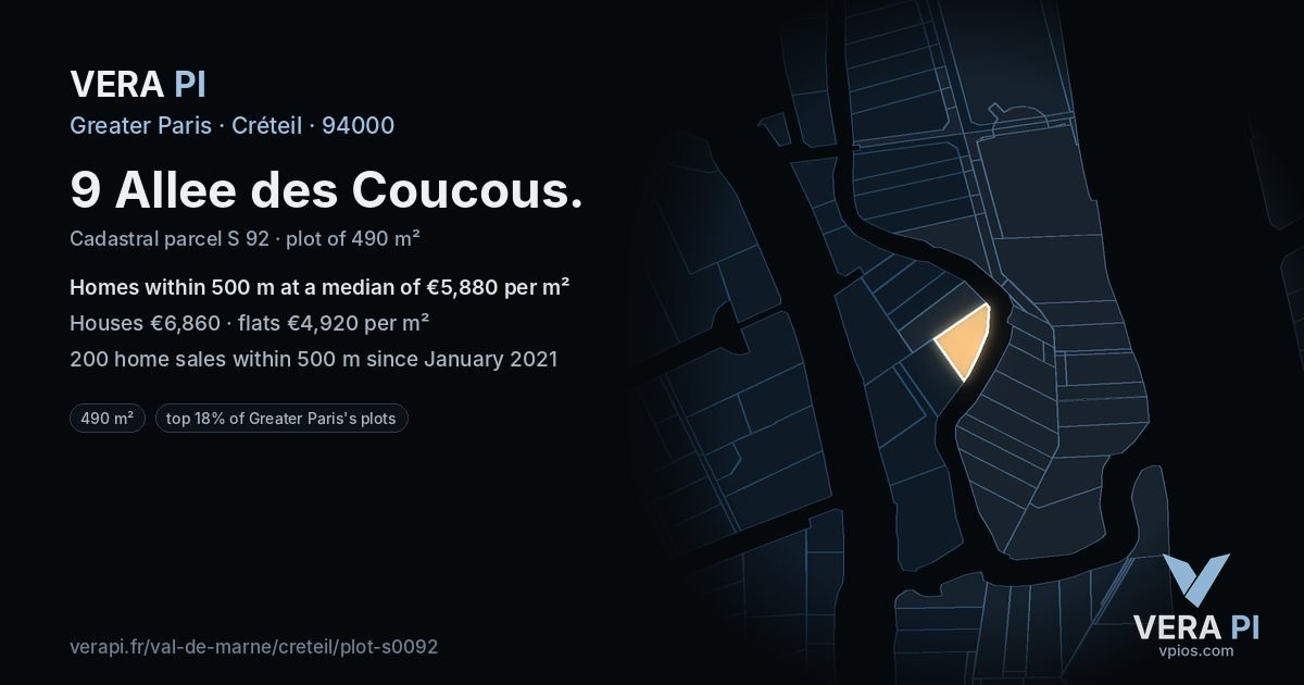 9 Allee des Coucous, Créteil at night – the plot lit, the parcels around coloured by the prices near them