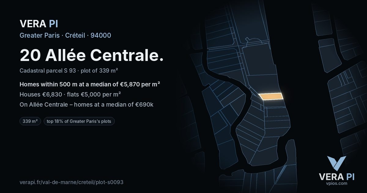 20 Allée Centrale, Créteil at night – the plot lit, the parcels around coloured by the prices near them