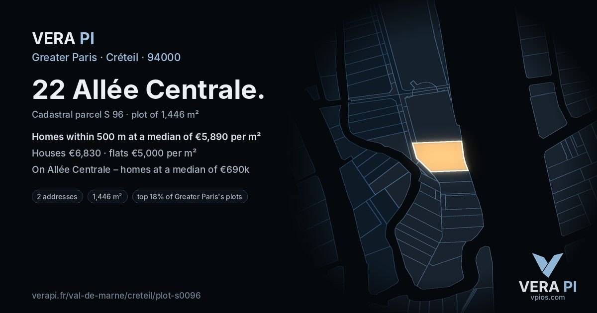 22 Allée Centrale, Créteil at night – the plot lit, the parcels around coloured by the prices near them