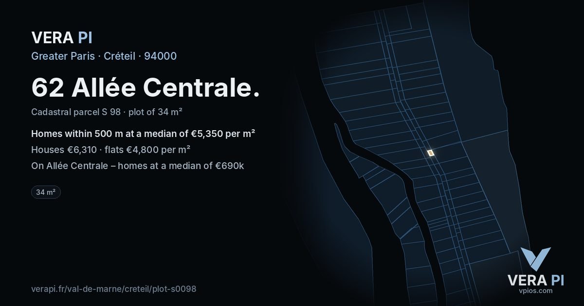 62 Allée Centrale, Créteil at night – the plot lit, the parcels around coloured by the prices near them
