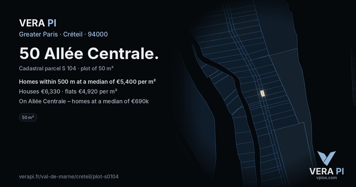50 Allée Centrale, Créteil at night – the plot lit, the parcels around coloured by the prices near them