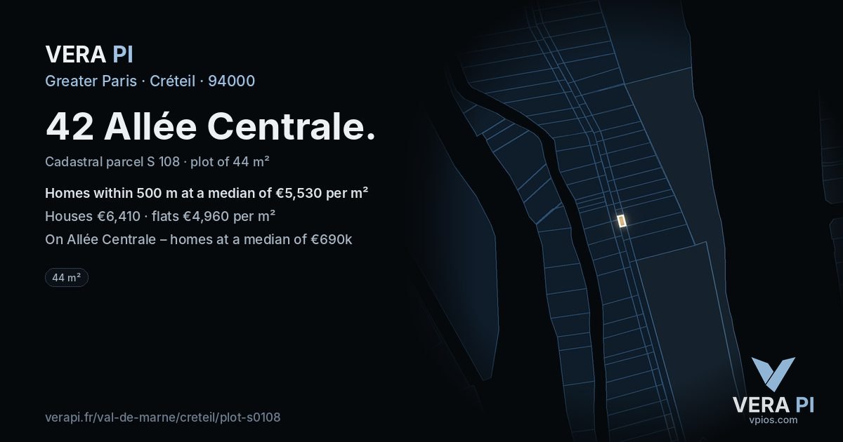 42 Allée Centrale, Créteil at night – the plot lit, the parcels around coloured by the prices near them