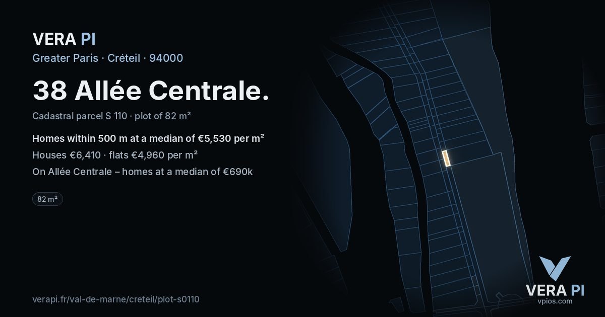 38 Allée Centrale, Créteil at night – the plot lit, the parcels around coloured by the prices near them