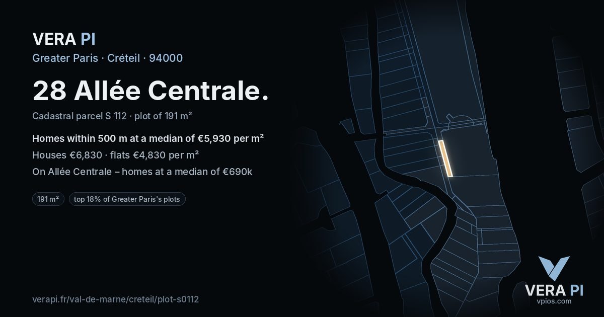 28 Allée Centrale, Créteil at night – the plot lit, the parcels around coloured by the prices near them
