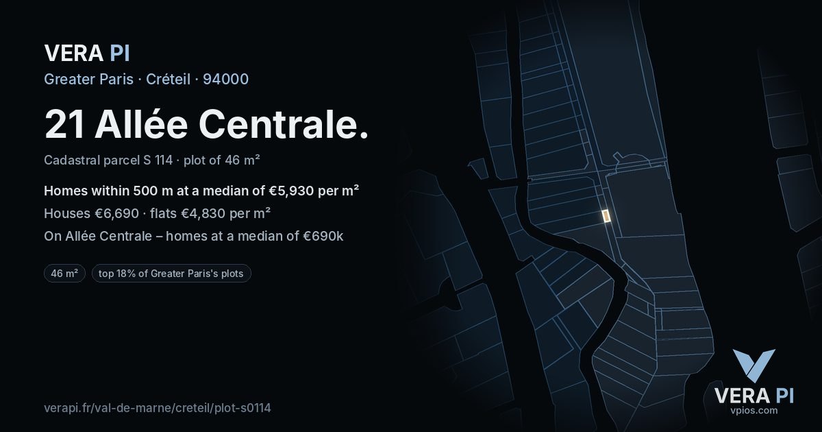 21 Allée Centrale, Créteil at night – the plot lit, the parcels around coloured by the prices near them