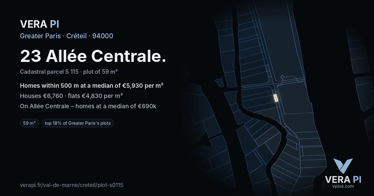 23 Allée Centrale, Créteil at night – the plot lit, the parcels around coloured by the prices near them