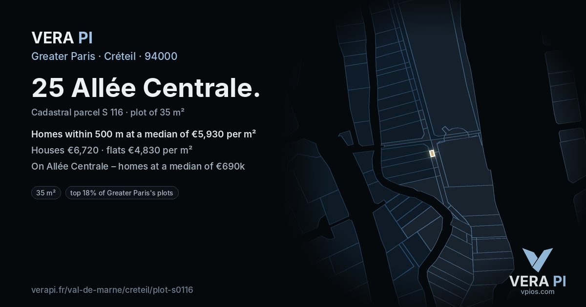 25 Allée Centrale, Créteil at night – the plot lit, the parcels around coloured by the prices near them