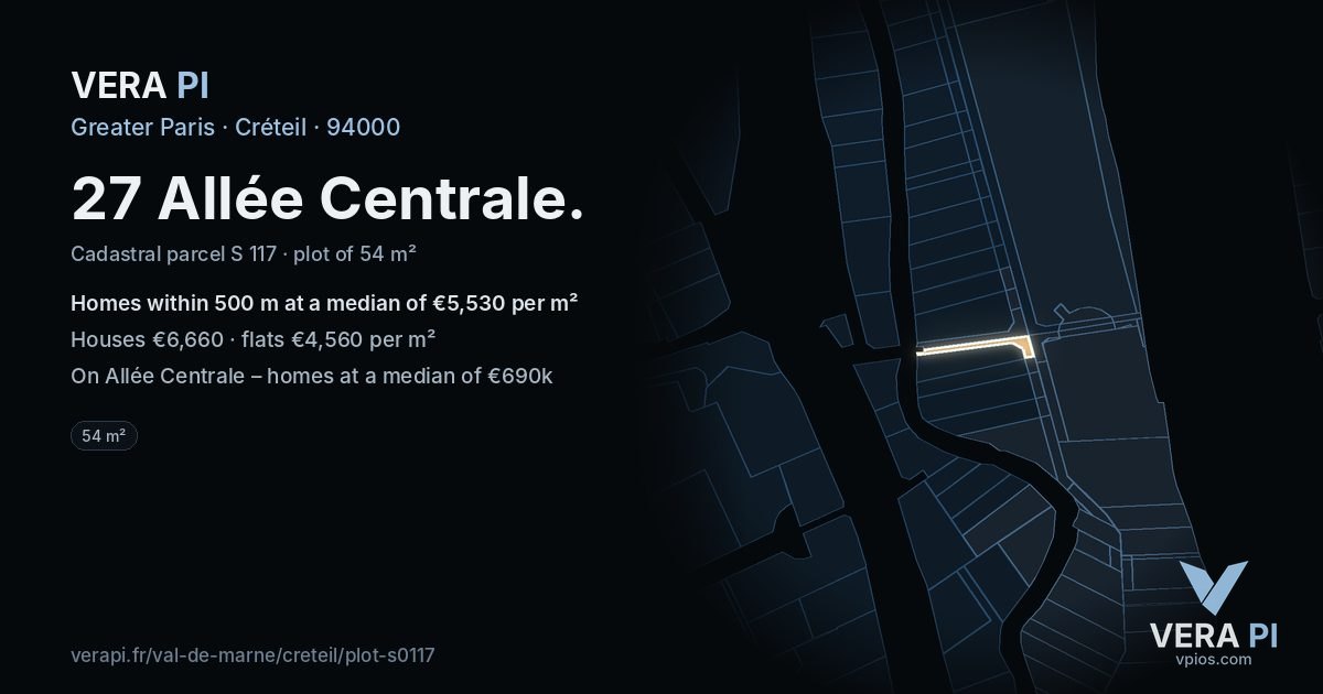 27 Allée Centrale, Créteil at night – the plot lit, the parcels around coloured by the prices near them