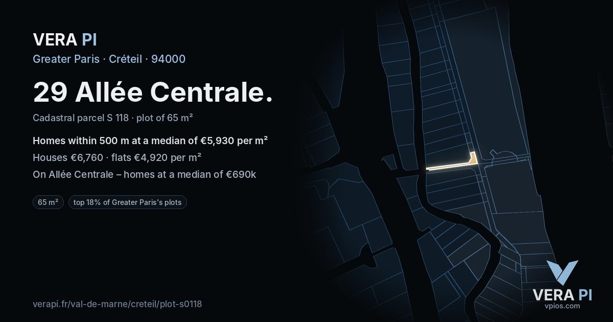 29 Allée Centrale, Créteil at night – the plot lit, the parcels around coloured by the prices near them