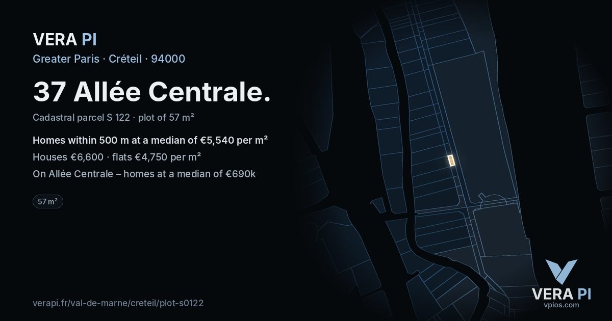 37 Allée Centrale, Créteil at night – the plot lit, the parcels around coloured by the prices near them