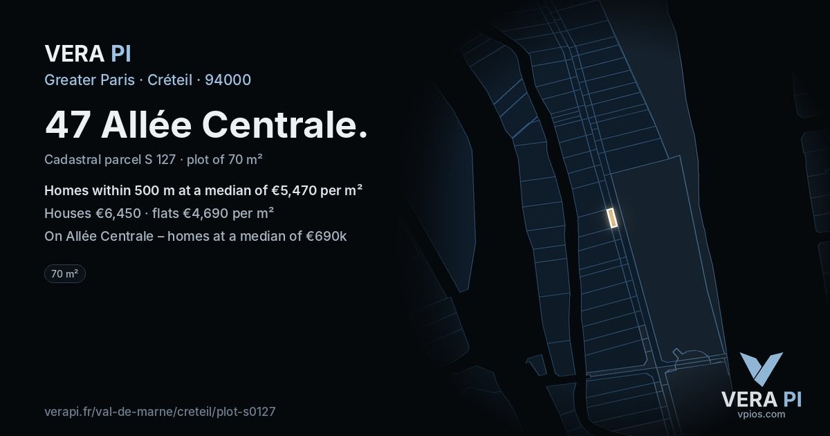 47 Allée Centrale, Créteil at night – the plot lit, the parcels around coloured by the prices near them