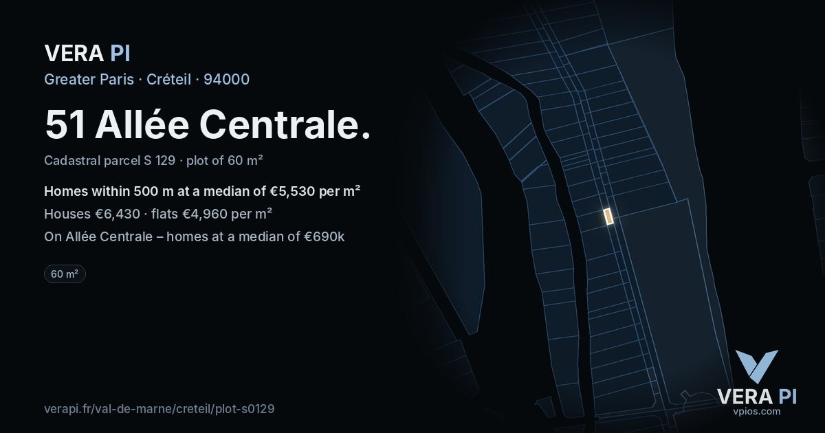 51 Allée Centrale, Créteil at night – the plot lit, the parcels around coloured by the prices near them