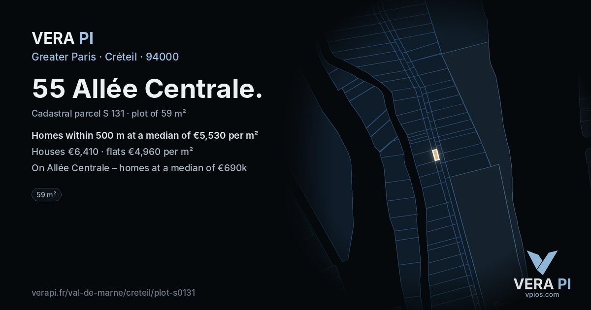 55 Allée Centrale, Créteil at night – the plot lit, the parcels around coloured by the prices near them