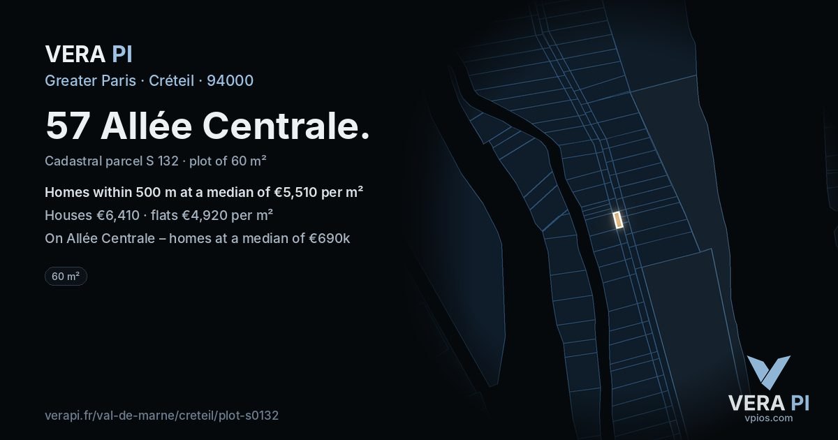 57 Allée Centrale, Créteil at night – the plot lit, the parcels around coloured by the prices near them