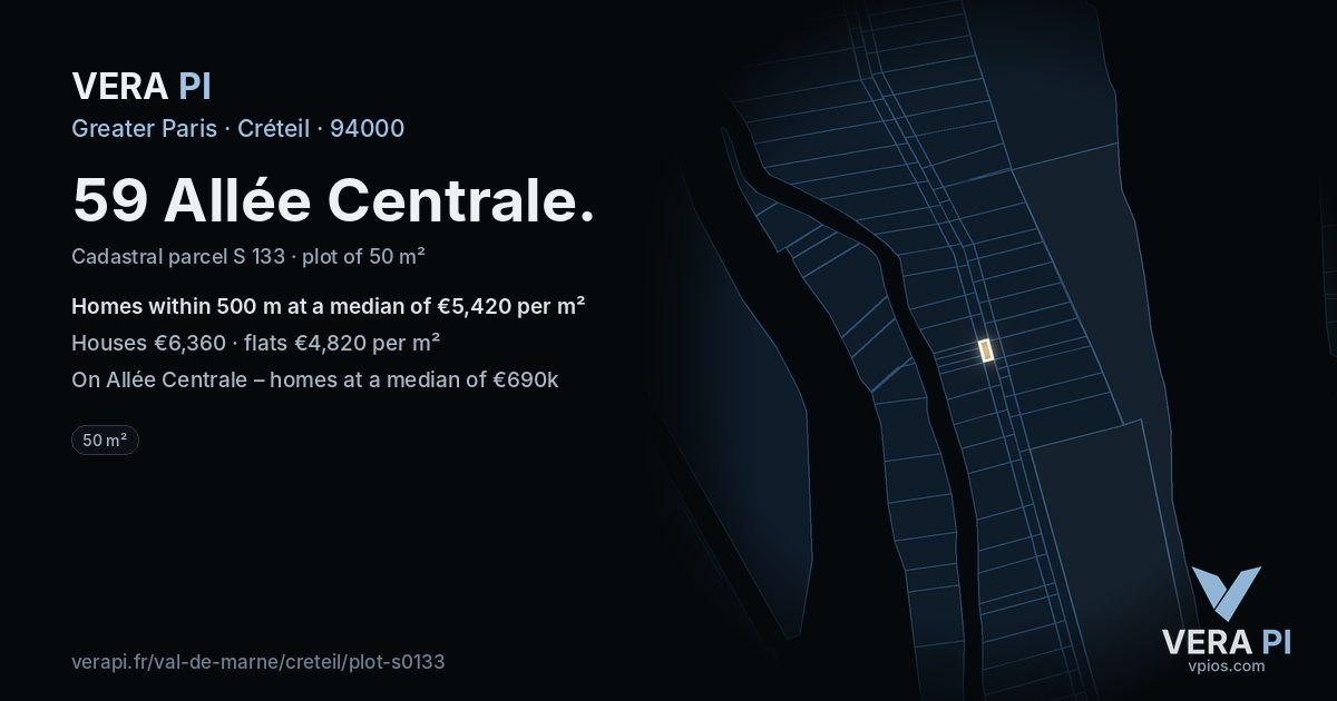 59 Allée Centrale, Créteil at night – the plot lit, the parcels around coloured by the prices near them