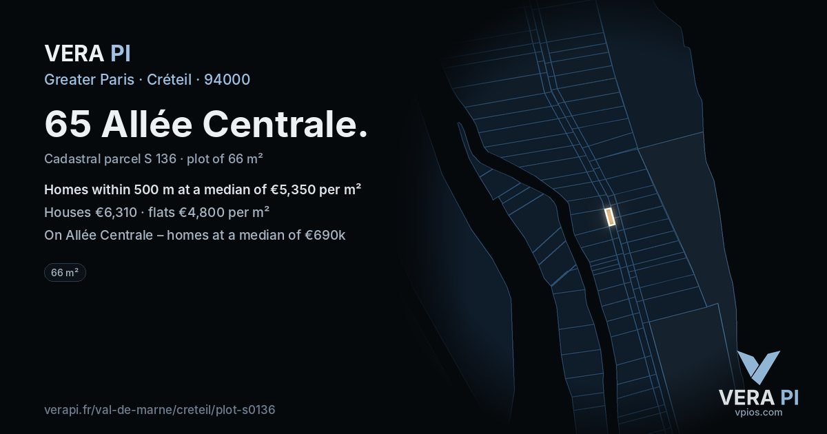 65 Allée Centrale, Créteil at night – the plot lit, the parcels around coloured by the prices near them