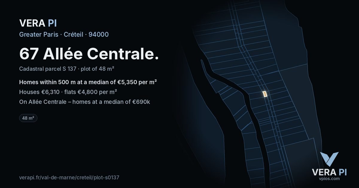 67 Allée Centrale, Créteil at night – the plot lit, the parcels around coloured by the prices near them