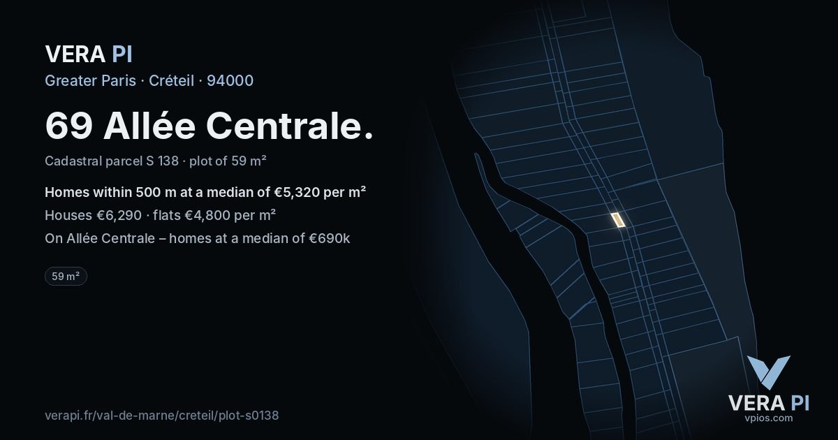 69 Allée Centrale, Créteil at night – the plot lit, the parcels around coloured by the prices near them