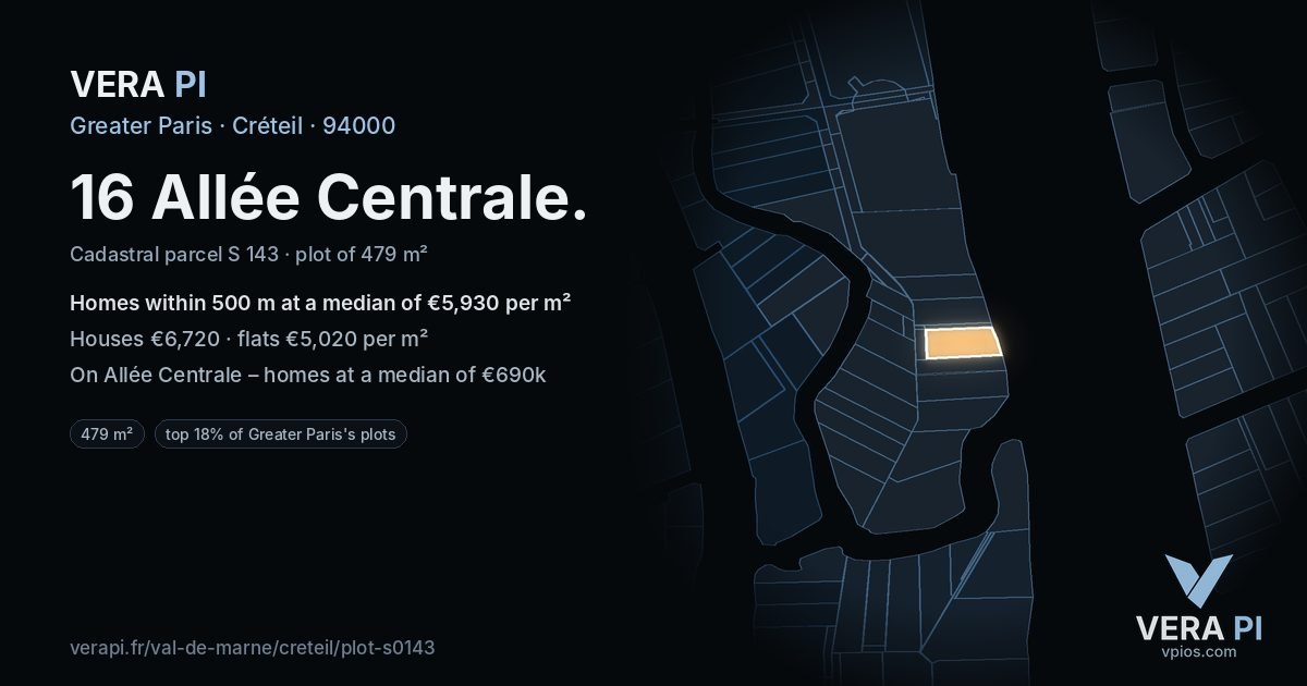 16 Allée Centrale, Créteil at night – the plot lit, the parcels around coloured by the prices near them