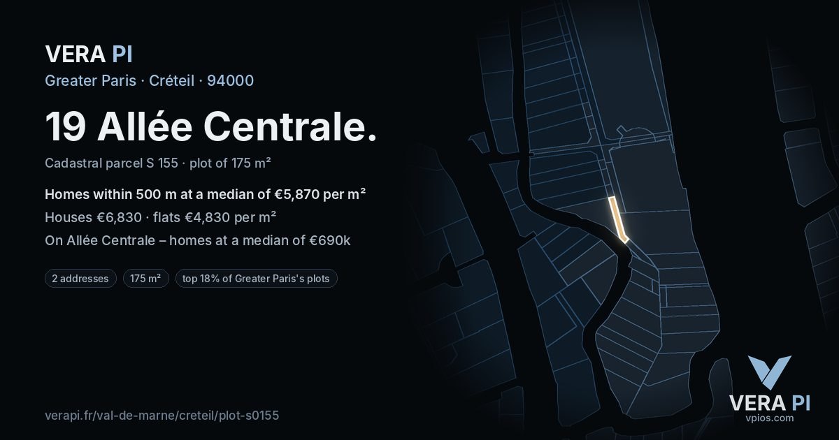 19 Allée Centrale, Créteil at night – the plot lit, the parcels around coloured by the prices near them