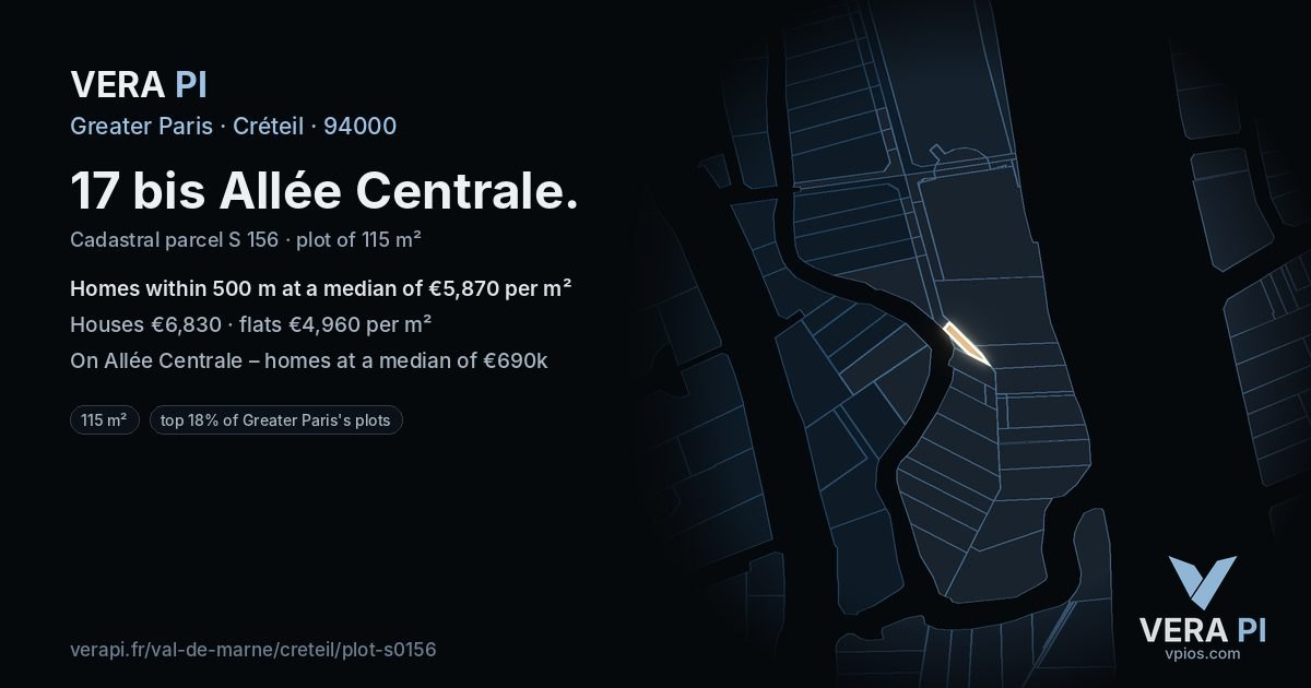 17 bis Allée Centrale, Créteil at night – the plot lit, the parcels around coloured by the prices near them