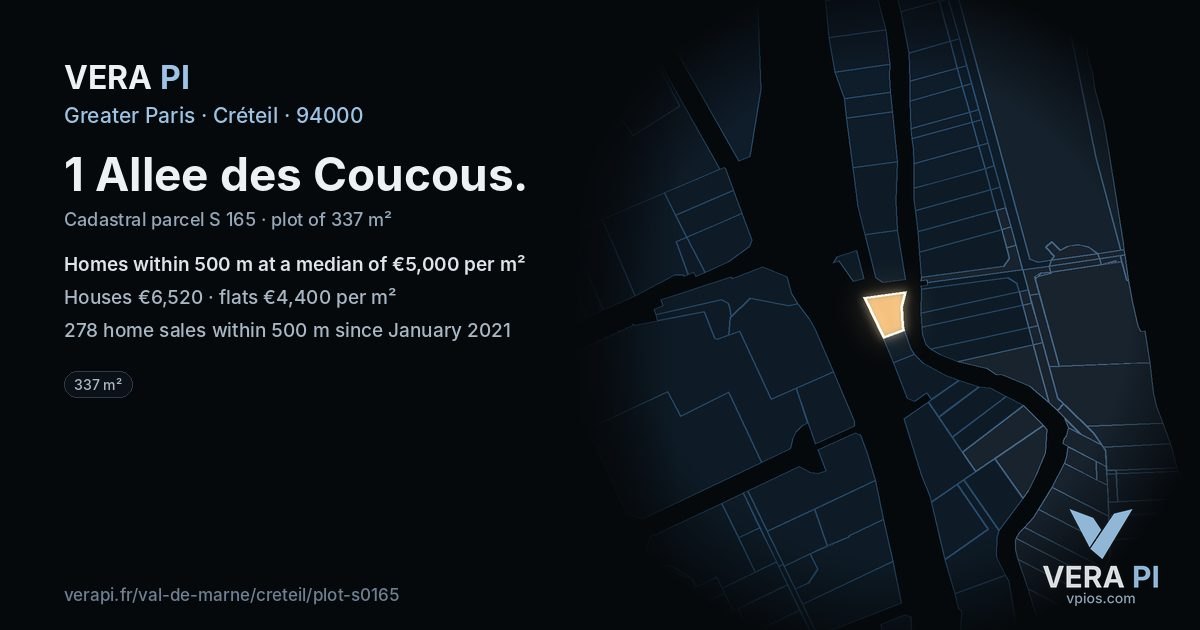 1 Allee des Coucous, Créteil at night – the plot lit, the parcels around coloured by the prices near them