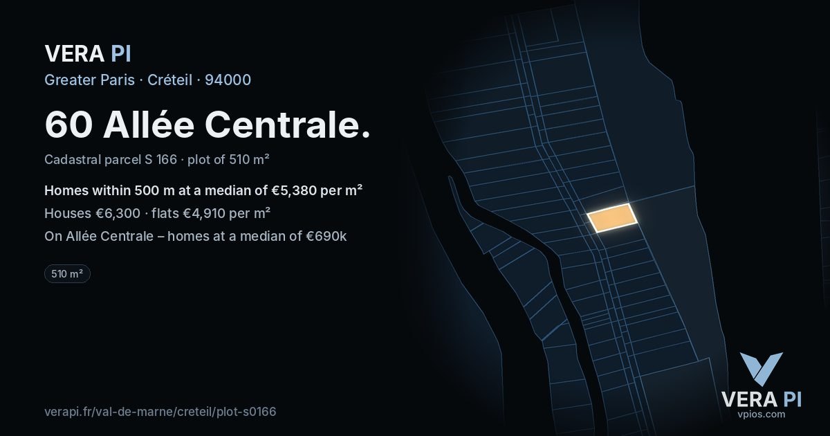 60 Allée Centrale, Créteil at night – the plot lit, the parcels around coloured by the prices near them