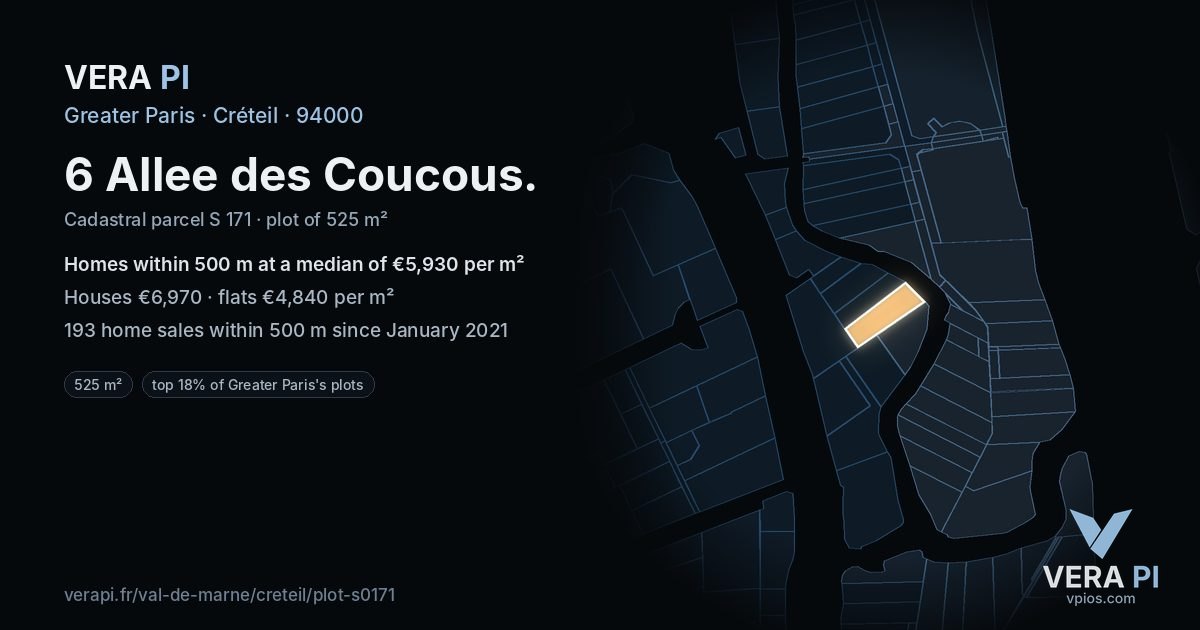 6 Allee des Coucous, Créteil at night – the plot lit, the parcels around coloured by the prices near them