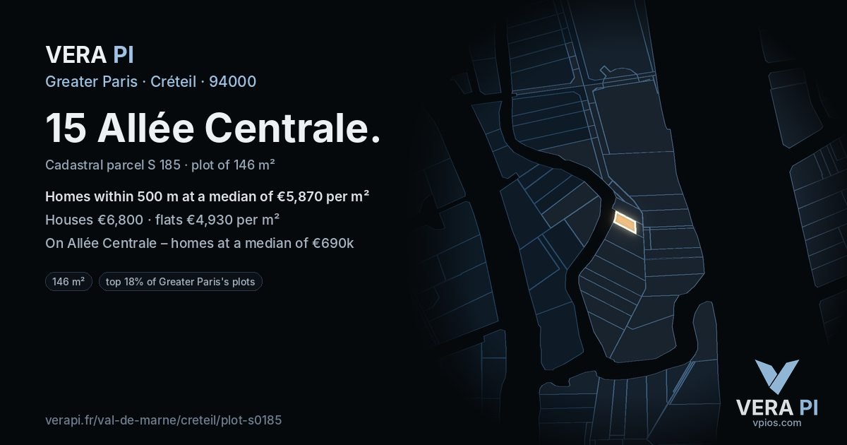 15 Allée Centrale, Créteil at night – the plot lit, the parcels around coloured by the prices near them