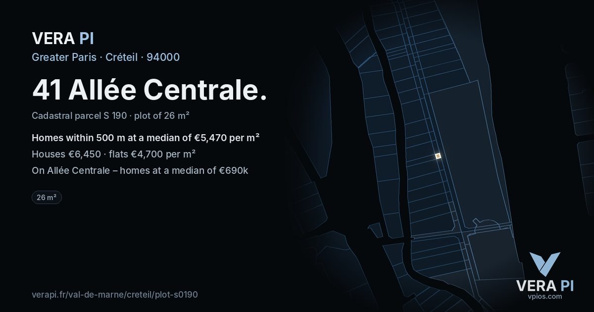 41 Allée Centrale, Créteil at night – the plot lit, the parcels around coloured by the prices near them