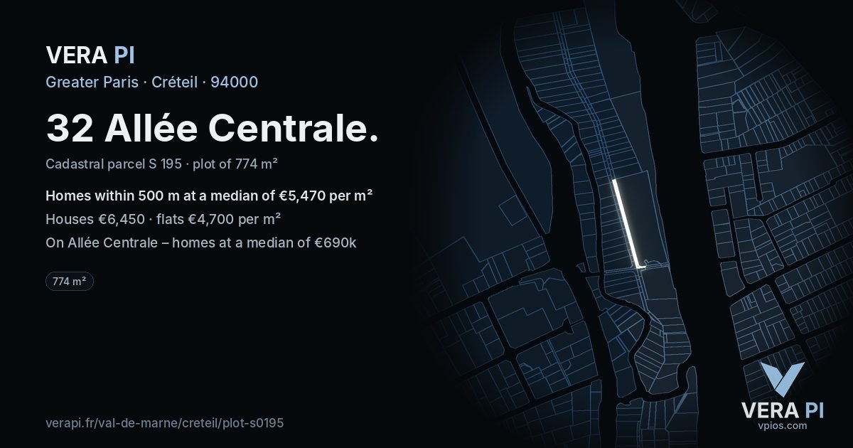 32 Allée Centrale, Créteil at night – the plot lit, the parcels around coloured by the prices near them
