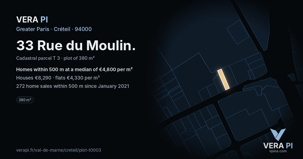 33 Rue du Moulin, Créteil at night – the plot lit, the parcels around coloured by the prices near them