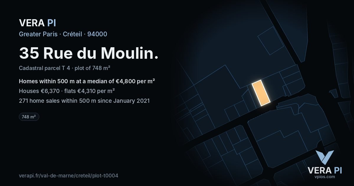 35 Rue du Moulin, Créteil at night – the plot lit, the parcels around coloured by the prices near them