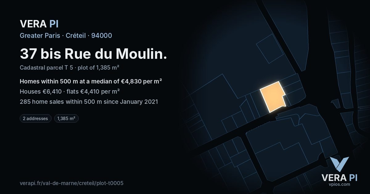37 bis Rue du Moulin, Créteil at night – the plot lit, the parcels around coloured by the prices near them