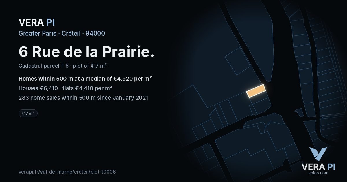 6 Rue de la Prairie, Créteil at night – the plot lit, the parcels around coloured by the prices near them