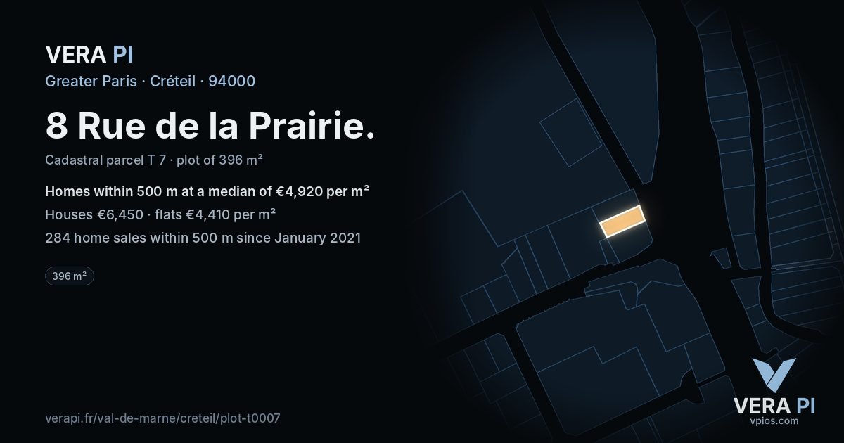 8 Rue de la Prairie, Créteil at night – the plot lit, the parcels around coloured by the prices near them
