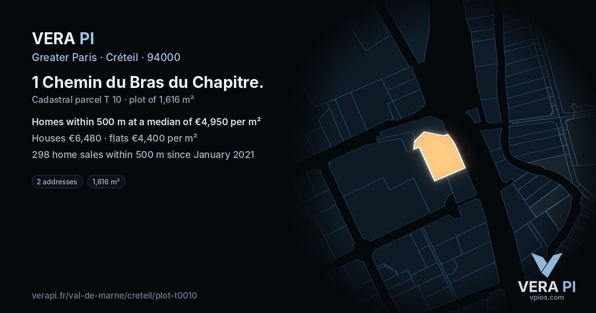 1 Chemin du Bras du Chapitre, Créteil at night – the plot lit, the parcels around coloured by the prices near them
