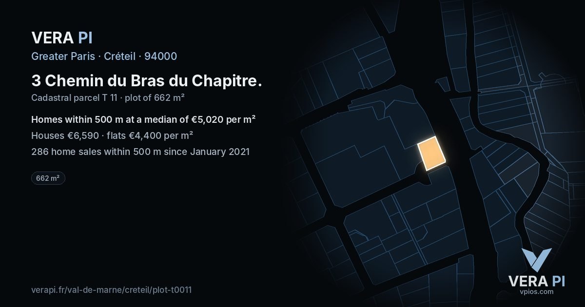 3 Chemin du Bras du Chapitre, Créteil at night – the plot lit, the parcels around coloured by the prices near them