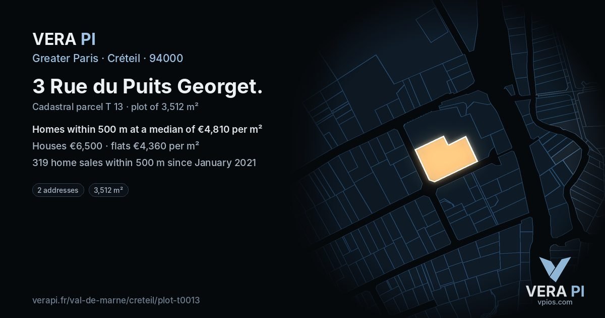 3 Rue du Puits Georget, Créteil at night – the plot lit, the parcels around coloured by the prices near them