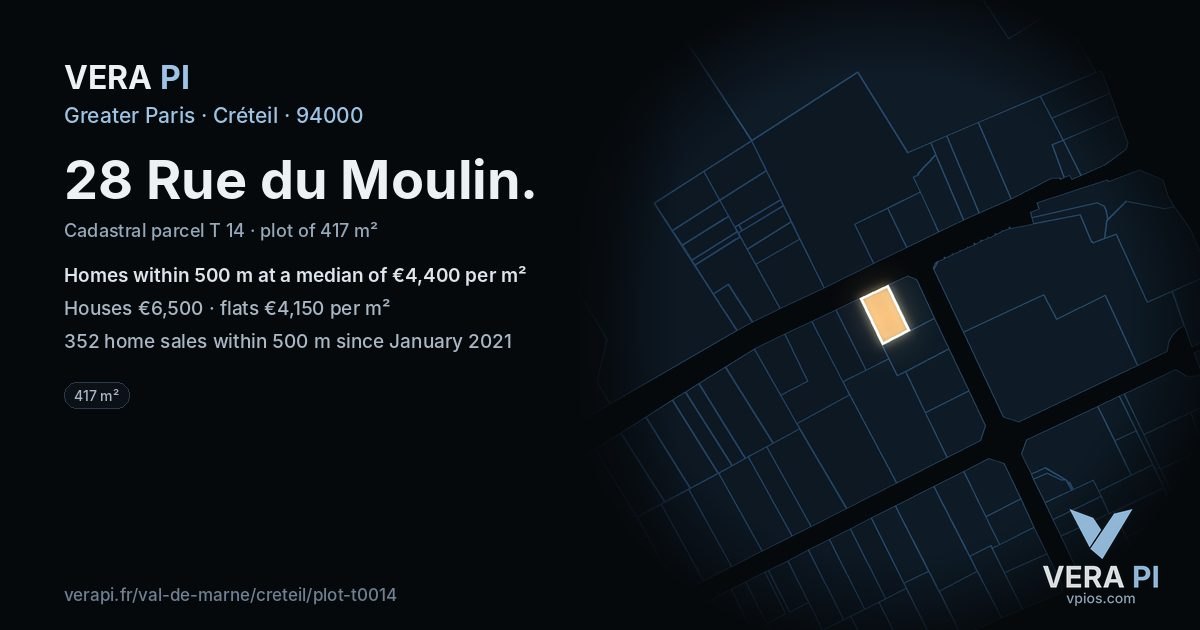 28 Rue du Moulin, Créteil at night – the plot lit, the parcels around coloured by the prices near them