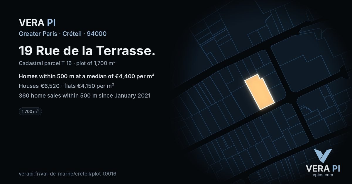 19 Rue de la Terrasse, Créteil at night – the plot lit, the parcels around coloured by the prices near them