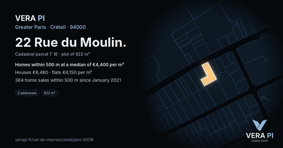 22 Rue du Moulin, Créteil at night – the plot lit, the parcels around coloured by the prices near them