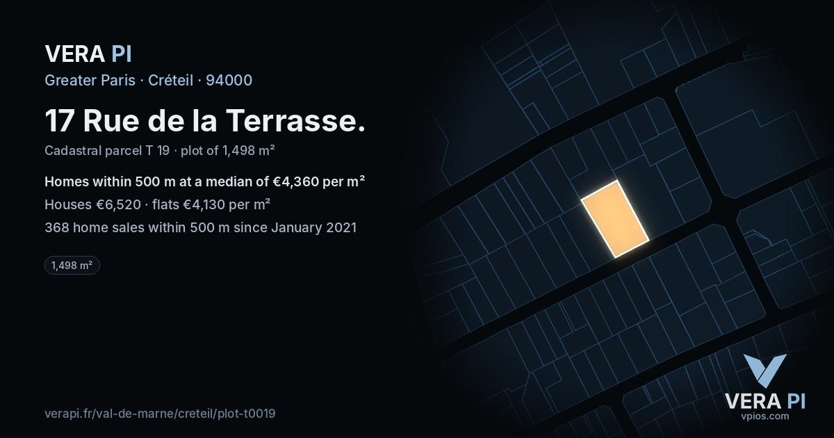 17 Rue de la Terrasse, Créteil at night – the plot lit, the parcels around coloured by the prices near them