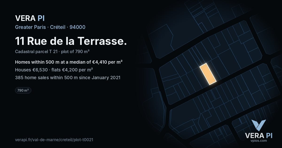 11 Rue de la Terrasse, Créteil at night – the plot lit, the parcels around coloured by the prices near them