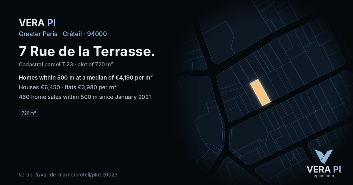 7 Rue de la Terrasse, Créteil at night – the plot lit, the parcels around coloured by the prices near them