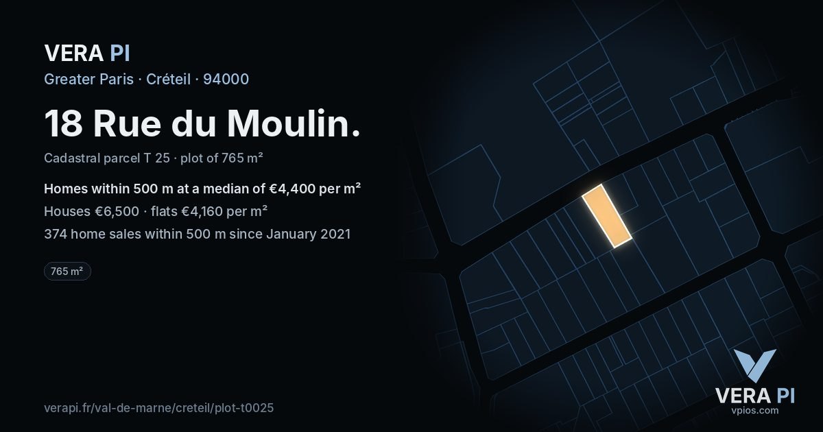 18 Rue du Moulin, Créteil at night – the plot lit, the parcels around coloured by the prices near them