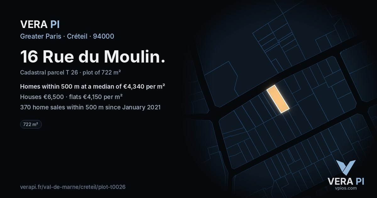 16 Rue du Moulin, Créteil at night – the plot lit, the parcels around coloured by the prices near them