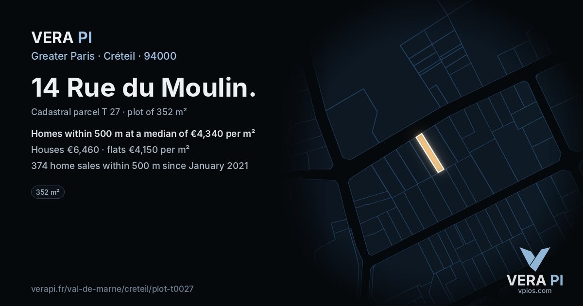 14 Rue du Moulin, Créteil at night – the plot lit, the parcels around coloured by the prices near them