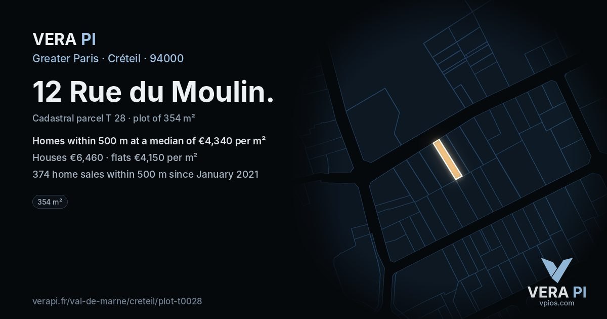 12 Rue du Moulin, Créteil at night – the plot lit, the parcels around coloured by the prices near them